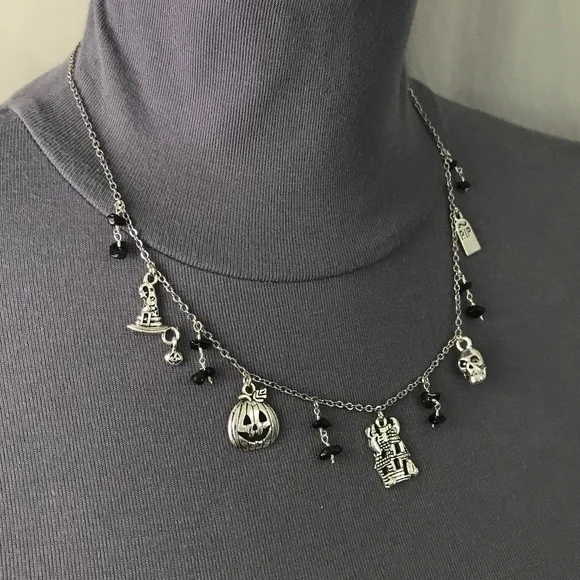 “All Hallows Eve" Handmade Silver Halloween Charm Necklace Haunted House Pumpkin - Picture 9 of 15